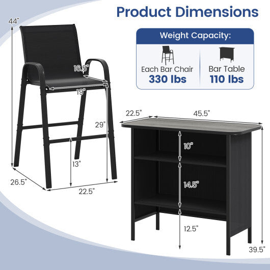 3 Piece Outdoor Bar Set with Footrest and 2-Tier Shelf-Coffee