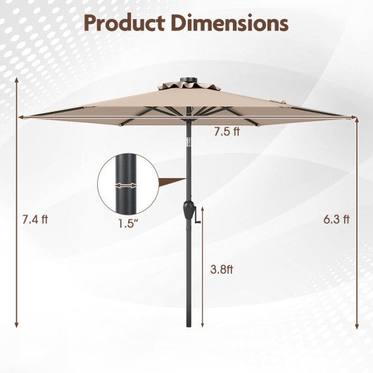 7.5 Feet Solar Powered Patio Umbrella with LED Lights and Crank Handle-Tan