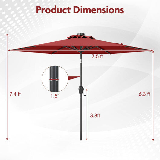 7.5 Feet Solar Powered Patio Umbrella with LED Lights and Crank Handle-Tan