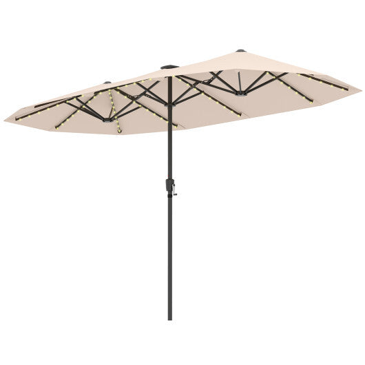13 FT Large Patio Umbrella with LED Solar Lights and Crank Handle-Beige