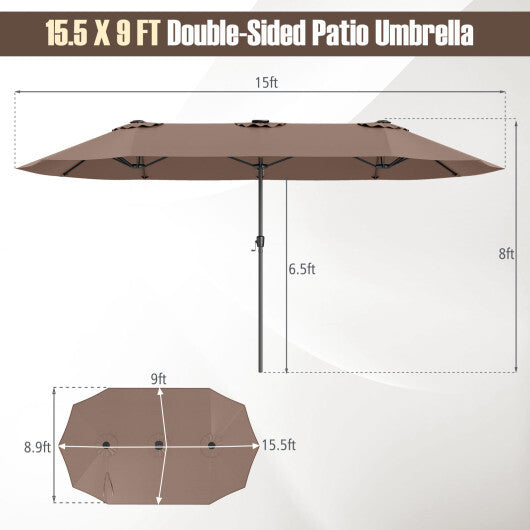 15.5 FT Extra-Large Patio Umbrella with LED Solar Lights and Crank Handle-Beige