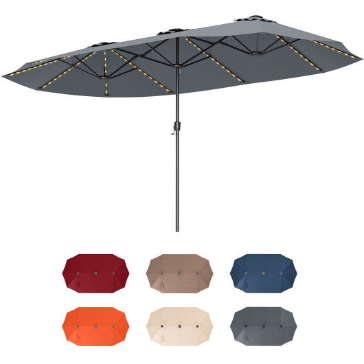 15.5 FT Extra-Large Patio Umbrella with LED Solar Lights and Crank Handle-Beige