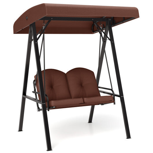 2-Person Outdoor Porch Swing with A-Shaped Metal Stand and Adjustable Canopy-Beige