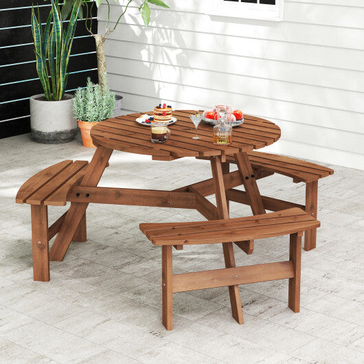 6-Person Round Picnic Table Set with 3 Built-in Benches and Umbrella Hole-Yellow