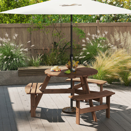 6-Person Round Picnic Table Set with 3 Built-in Benches and Umbrella Hole-Yellow