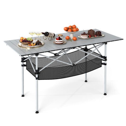 Patio Folding Camping Table with Roll-up Tabletop and Mesh Basket-Black