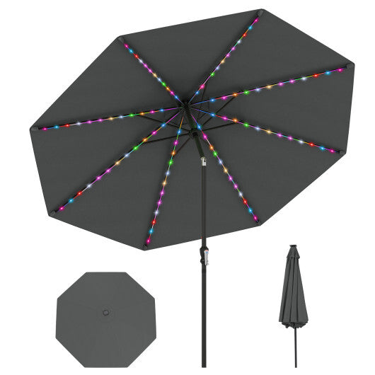 10 Feet Solar Patio Umbrella with 96 Multi-Colored Flowing LED Lights and Tilt Adjustment-Beige