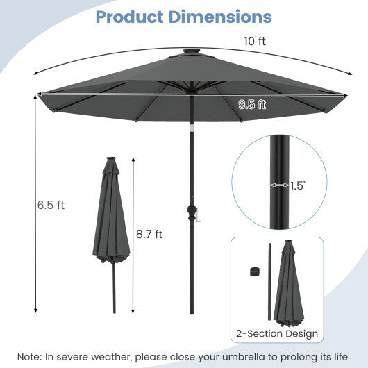 10 Feet Solar Patio Umbrella with 96 Multi-Colored Flowing LED Lights and Tilt Adjustment-Beige
