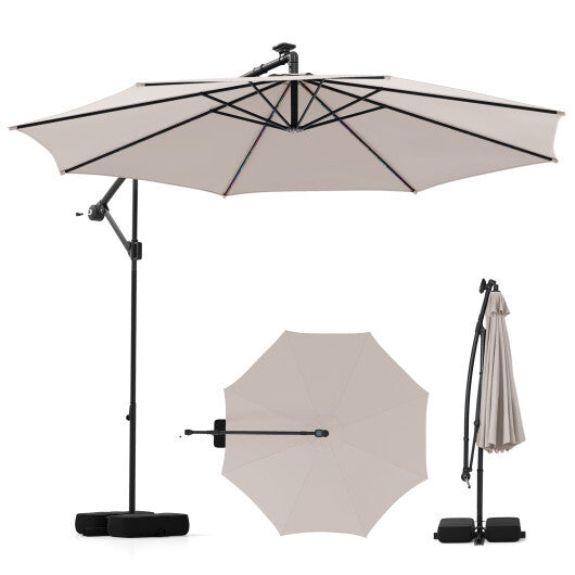 10 Feet Solar Offset Hanging Umbrella with Base and LED Lights-Beige