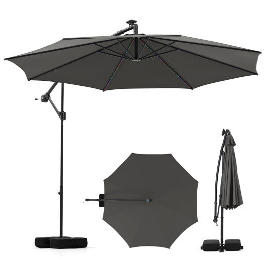 10 Feet Solar Offset Hanging Umbrella with Base and LED Lights-Beige