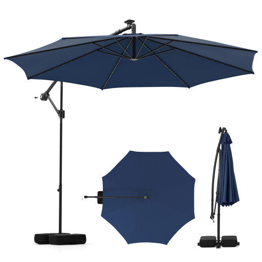 10 Feet Solar Offset Hanging Umbrella with Base and LED Lights-Beige