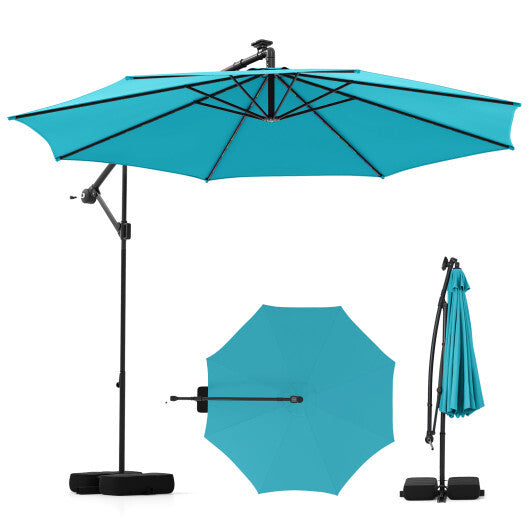 10 Feet Solar Offset Hanging Umbrella with Base and LED Lights-Beige