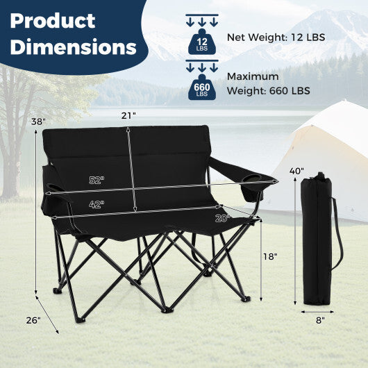 Double Camping Chair 2-Person Outdoor Folding Loveseat with Cup Holders-Blue