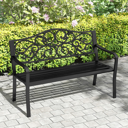 50 Inches Outdoor Garden Bench with Floral Design Backrest and Slatted Seat-Black
