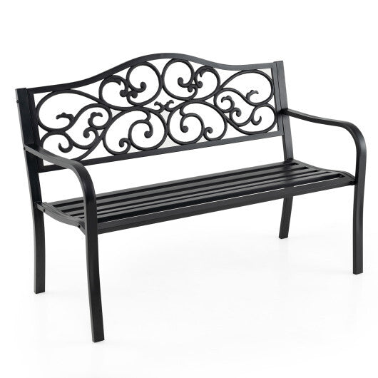 50 Inches Outdoor Cast Iron Metal Patio Bench with Floral Design Backrest and Slatted Seat-Black