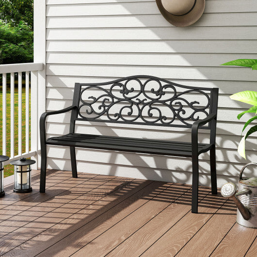 50 Inches Outdoor Cast Iron Metal Patio Bench with Floral Design Backrest and Slatted Seat-Black