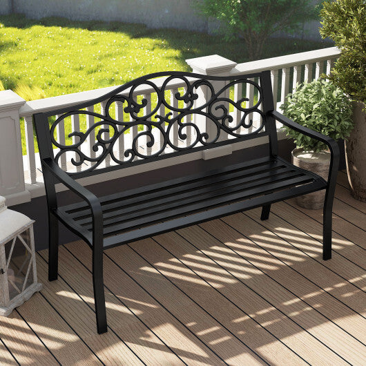 50 Inches Outdoor Cast Iron Metal Patio Bench with Floral Design Backrest and Slatted Seat-Black