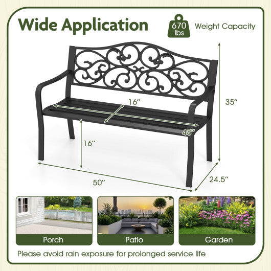 50 Inches Outdoor Cast Iron Metal Patio Bench with Floral Design Backrest and Slatted Seat-Black
