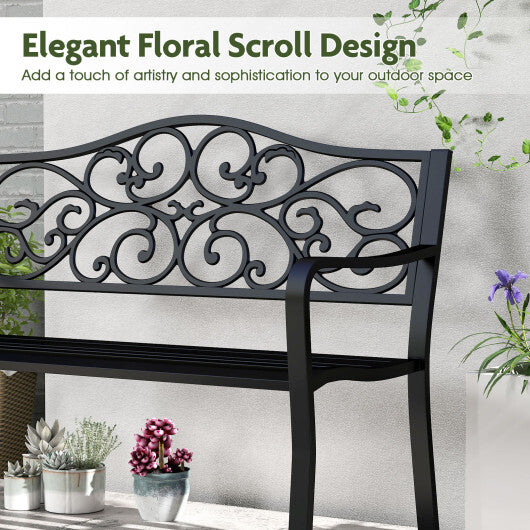 50 Inches Outdoor Cast Iron Metal Patio Bench with Floral Design Backrest and Slatted Seat-Black
