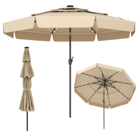 10 Feet Solar Patio Umbrella with 3-Tier Vented Top-Gray