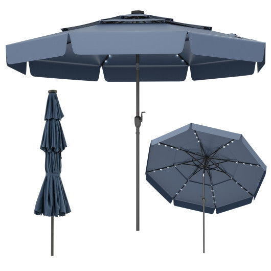 10 Feet Solar Patio Umbrella with 3-Tier Vented Top-Gray