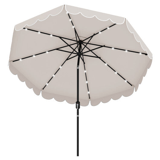 9.3 FT Solar Patio Umbrella with 24 LED Lights Vented Top and Ruffles-Gray