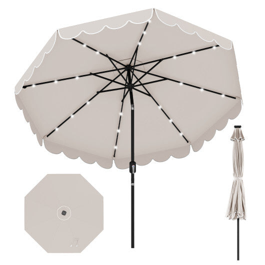 9.3 FT Solar Patio Umbrella with 24 LED Lights Vented Top and Ruffles-Gray
