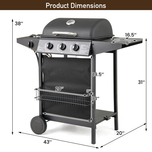 39 000 BTU Outdoor Burner Propane Gas Grill on Wheels-Black