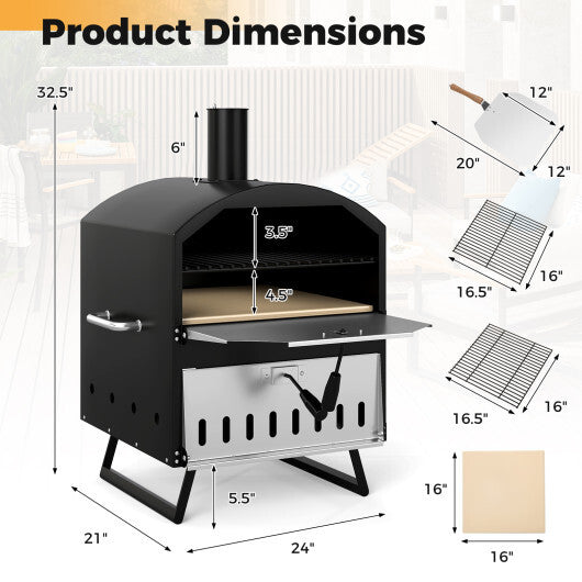 Outdoor 16 Inch 2-Layer Wood Fired Pizza Oven with Square Stone-Black