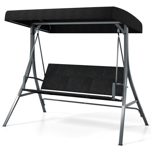 3-Person Porch Swing with Stand Outdoor Canopy Swing with Rattan Seat Back-Black