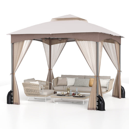 10 X 10 FT Heavy-Duty Patio Gazebo with Netting Walls and 4 Sandbags-Khaki