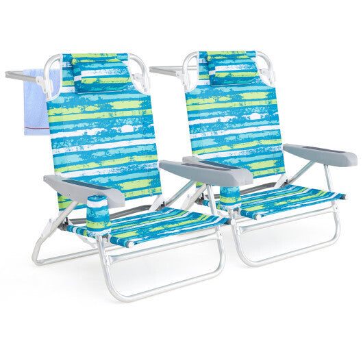 2 Pack Folding Beach Chair with Adjustable Positions and Head Pillow-Green