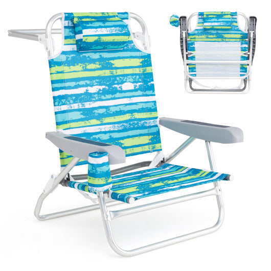 2 Pack Folding Beach Chair with Adjustable Positions and Head Pillow-Green