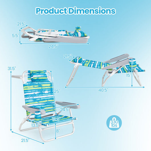 2 Pack Folding Beach Chair with Adjustable Positions and Head Pillow-Green