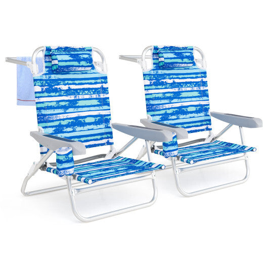 2 Pack Folding Beach Chair with Adjustable Positions and Head Pillow-Green