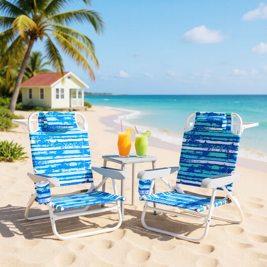 2 Pack Folding Beach Chair with Adjustable Positions and Head Pillow-Green
