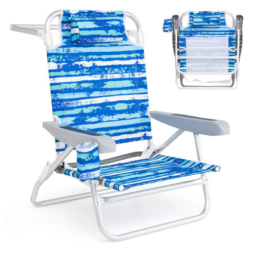 2 Pack Folding Beach Chair with Adjustable Positions and Head Pillow-Green