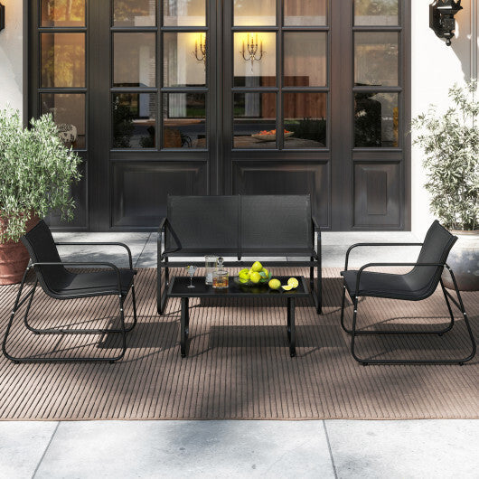 4 Pieces Patio Furniture Set Fabric Lawn Chairs and Loveseat with Glass Coffee Table