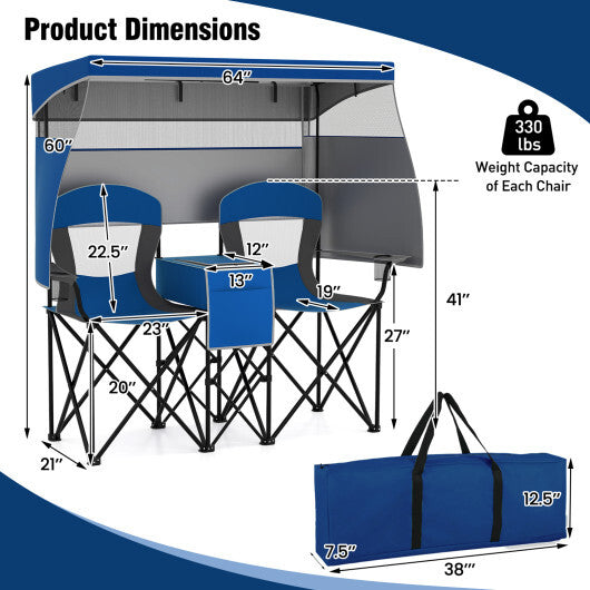 Double Beach Chair with Adjustable Canopy and 3 -Side Shading Curtains-Navy