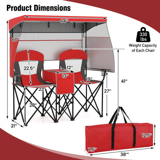 Double Beach Chair with Adjustable Canopy and 3 -Side Shading Curtains-Navy