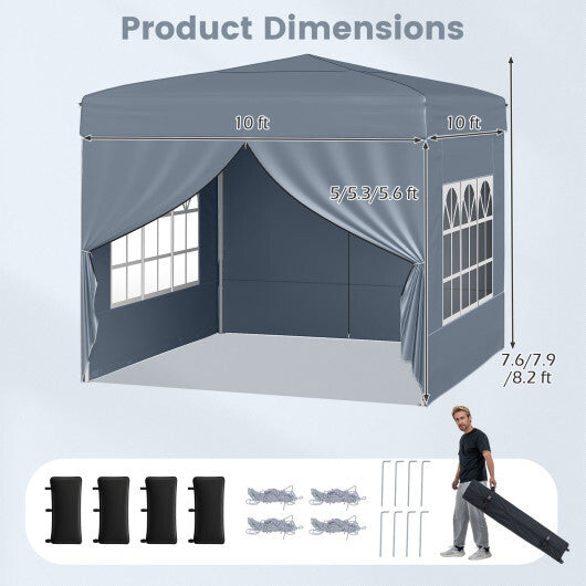 10 X 10 FT Pop up Canopy Tent Outdoor Patio Commercial Sunshade Shelter with 4 Sidewalls-Gray