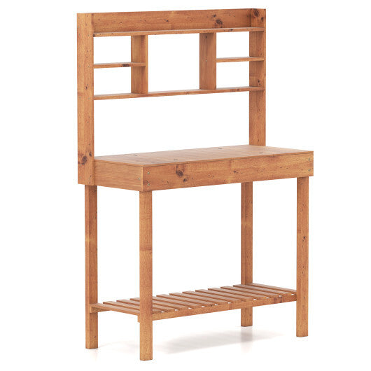 Wooden Potting Bench Table Garden Planting Workstation with 3-Tier Open Shelf-Brown