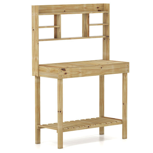Wooden Potting Bench Table Garden Planting Workstation with 3-Tier Open Shelf-Brown