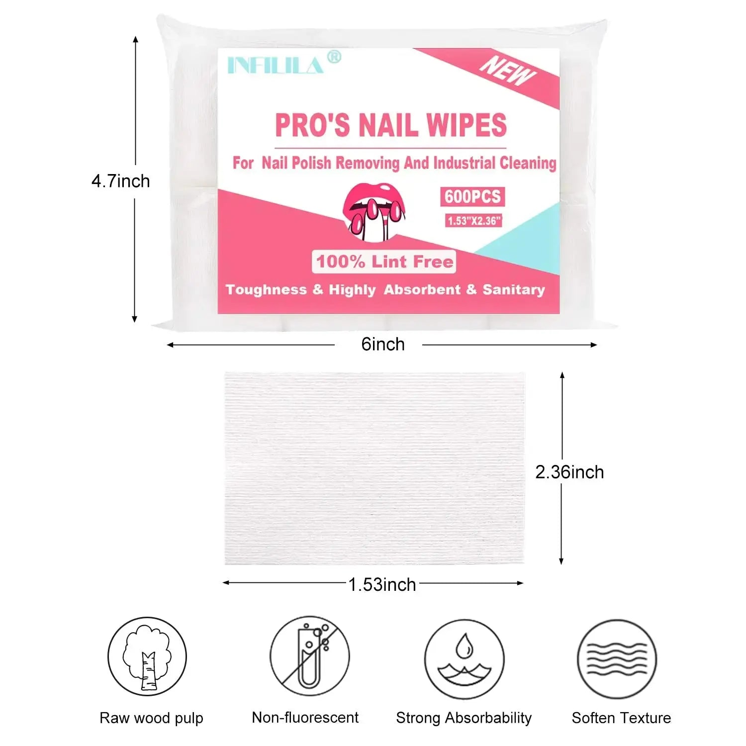 NXJ Infilila Lint Free Nail Wipes - Professional Gel Nail Polish Remover Pack of 600