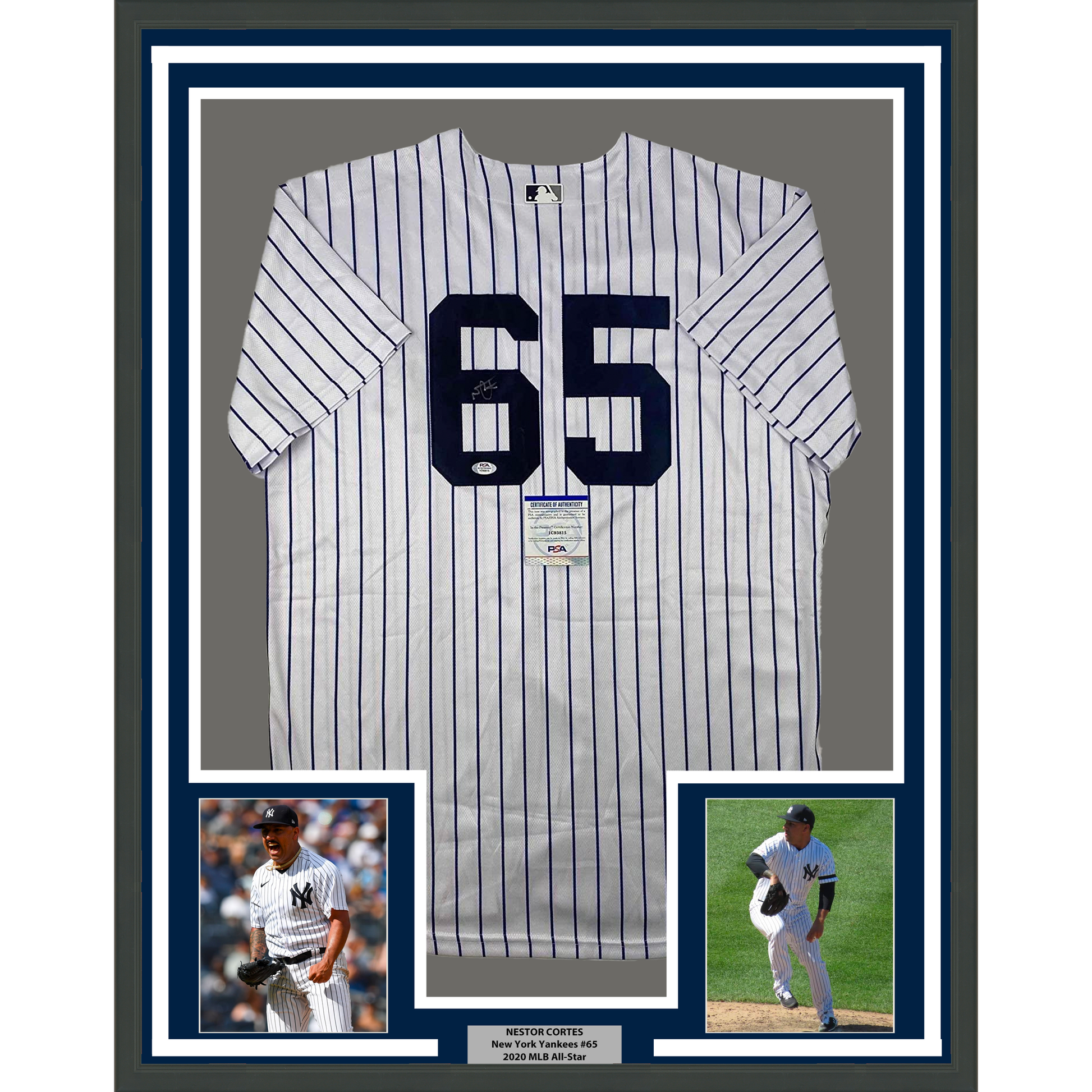 Framed Autographed/Signed Nestor Cortes 35x39 New York Pinstripe Baseball Jersey PSA/DNA COA