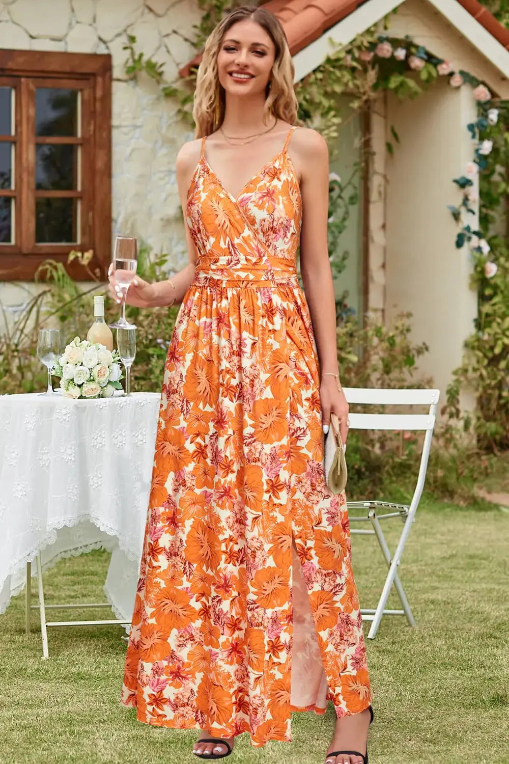 Newshows Women's Summer Maxi Dress Spaghetti Strap Spring Casual Boho V Neck Split Beach Long Flowy Dresses
