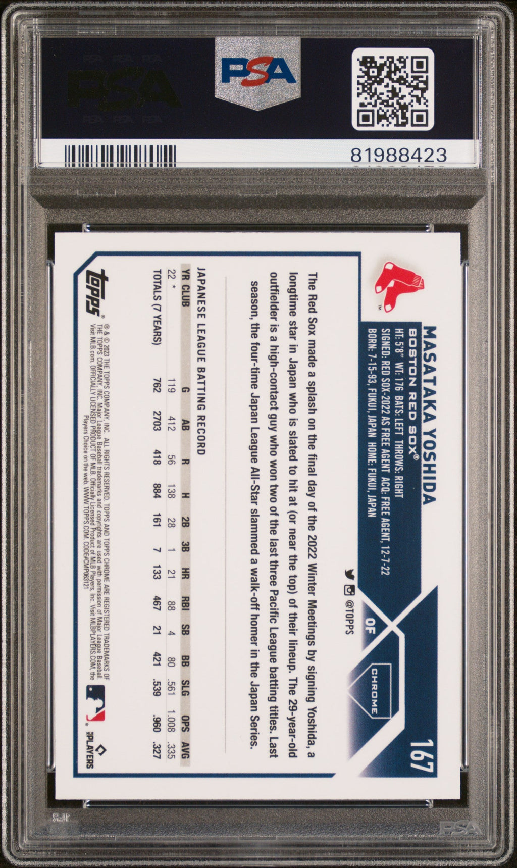 Graded 2023 Topps Chrome Masataka Yoshida #167 Rookie RC Baseball Card PSA 10 Gem Mint