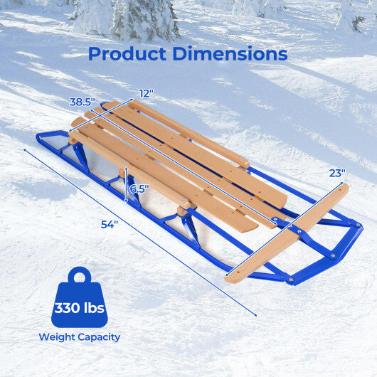 54 Inch Wood Snow Sled with Metal Runners and Steering Bar-Blue