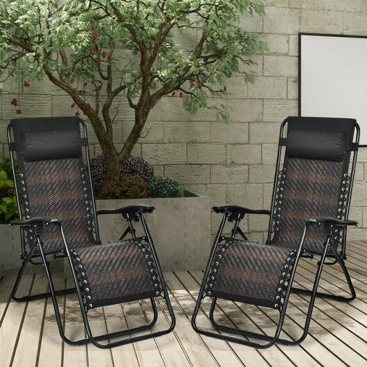 2 Pieces Folding Patio Rattan Zero Gravity Lounge Chair-Brown