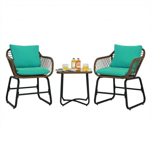 3 Pieces Patio Rattan Bistro Set Cushioned Chair Glass Table Deck-White